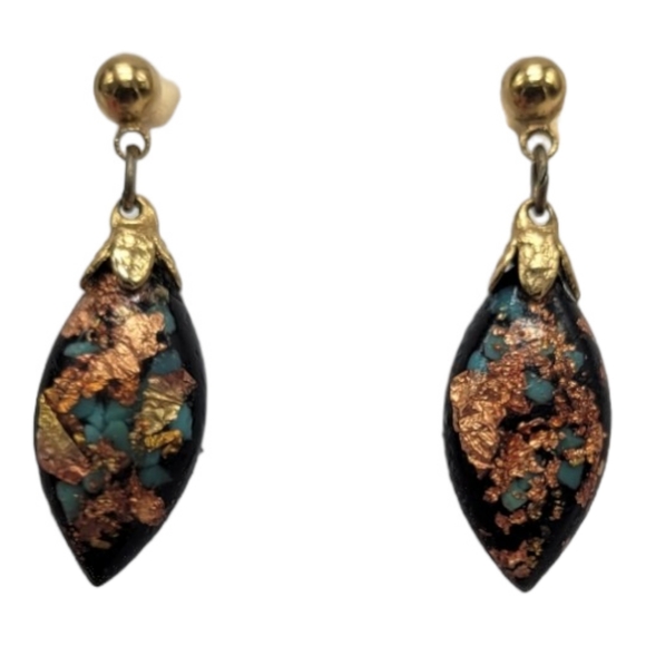 Vintage 1980s Gold and Copper Leaf Resin Earrings - Picture 2 of 3